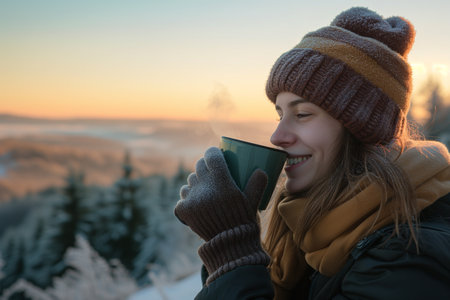 Young woman drinking coffee in the mountains at sunrise. Beautiful winter landscape.の素材