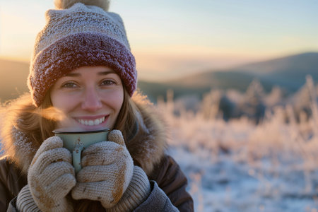 Young woman with cup of coffee on the background of winter mountains.の素材