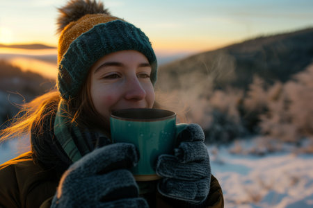 Young woman drinking hot beverage from a mug in winter forest at sunsetの素材