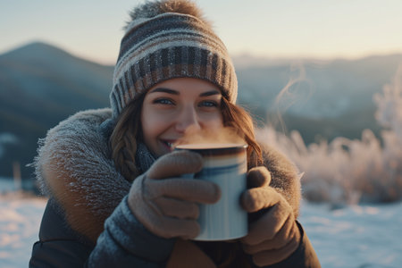 Beautiful young woman in winter clothes holding a cup of hot coffee.の素材