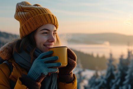 Young woman in yellow jacket and hat holding cup of hot coffee or tea on background of winter mountains.の素材