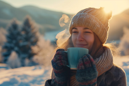 Beautiful woman with cup of hot drink in winter mountains at sunsetの素材