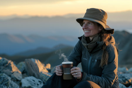 A woman in a hat with a cup of coffee on the background of the mountains at sunset.の素材