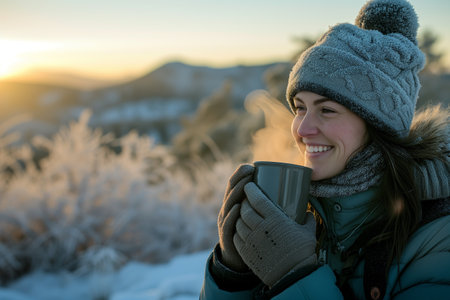 Young woman drinking coffee in the mountains at sunset. Beautiful winter landscape.の素材