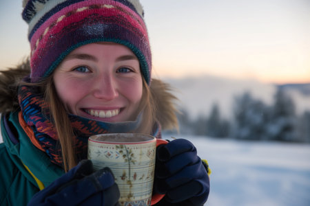 Young woman with cup of hot drink in winter forest at sunset.の素材