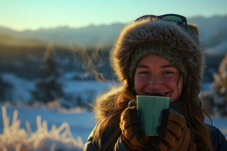 Young woman with cup of hot drink in winter forest at sunset.の素材