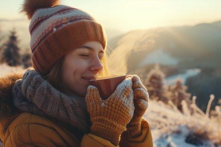 Beautiful woman with cup of hot drink in winter mountains at sunsetの素材