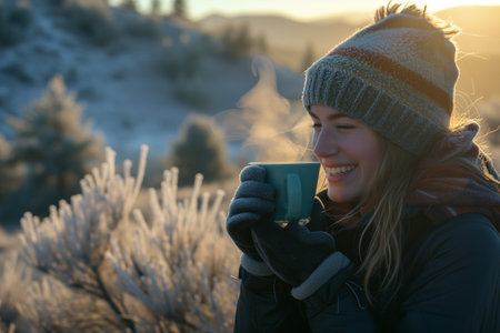 Young woman with a cup of coffee in the mountains at sunset.の素材