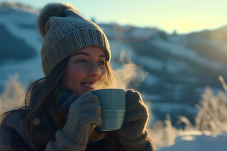 Beautiful young woman with cup of hot drink in winter mountains.の素材