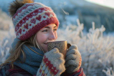 Young woman with cup of hot drink in winter frosty day.の素材