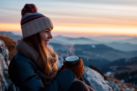 Beautiful young woman with cup of hot drink on top of a mountain at sunsetの素材