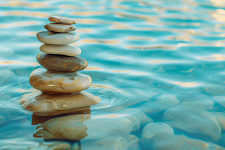 Stack of stones on the water background. Zen concept. Copy space.の素材