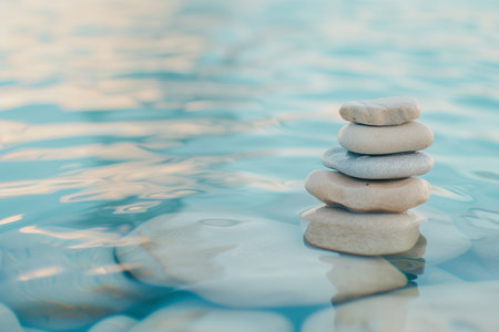 Stack of pebble stones on blue water background. Zen conceptの素材