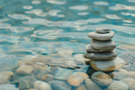 Stack of zen stones on the water surface. Selective focus.の素材