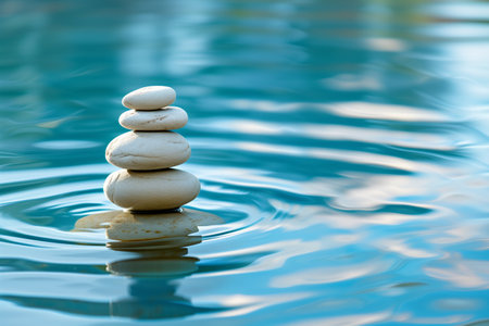 zen stones in water with ripples and blue background, shallow dofの素材