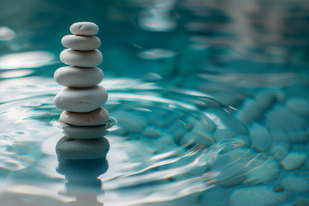 zen stones in water with ripples and blue background, shallow dofの素材