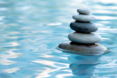 Stack of zen stones on blue water background. Zen concept.の素材
