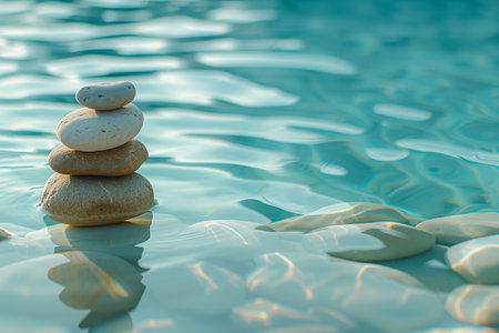 zen stones on the background of the blue water of the swimming poolの素材