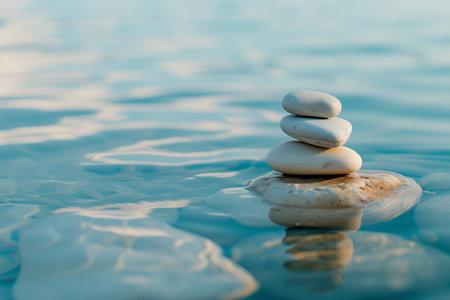 Zen pebbles balance on water surface with blue sky reflection.の素材