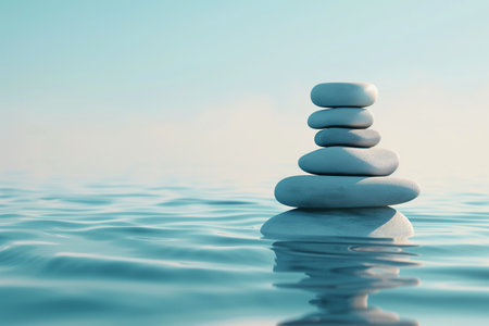 Stack of zen stones on sea water surface. Zen concept.の素材