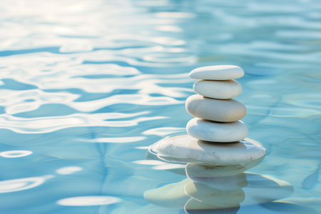 Stack of zen stones on a blue water background. Zen conceptの素材