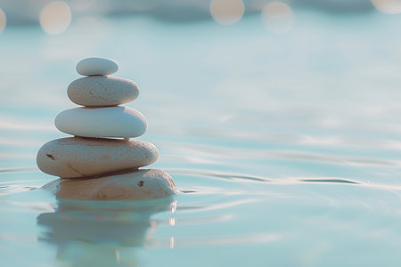 Stack of white stones on blue water background. Zen, meditation, balance conceptの素材