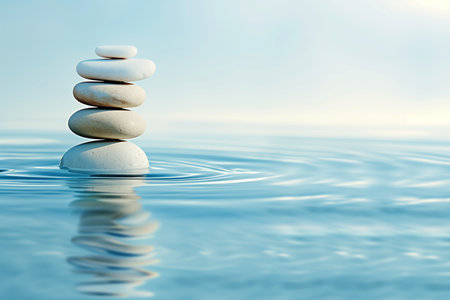 zen stones in water with ripples and blue sky - meditation conceptの素材