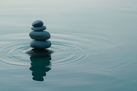 zen stones on the water with ripples and blue sky background.の素材