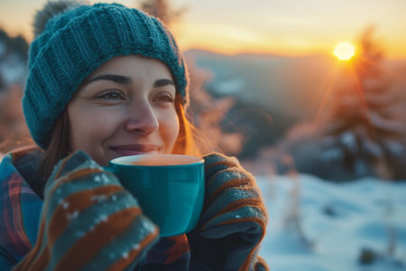 Young woman with cup of hot drink in winter mountains at sunset.の素材