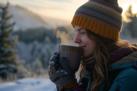 Young woman with cup of hot drink in winter mountains at sunset.の素材