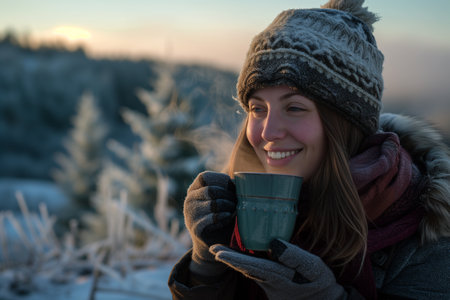 Young woman with cup of hot drink in winter forest at sunset.の素材
