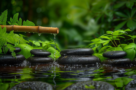 zen basalt stones in water with bamboo and green leaves on backgroundの素材