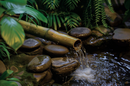 Bamboo in the park with natural stone and green leaf background.の素材