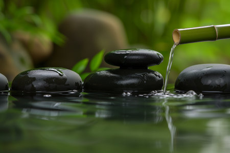 Spa still life with black stones and bamboo on water, closeupの素材