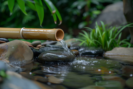 Bamboo water pipe in the garden with green nature background, selective focusの素材