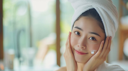 Beautiful asian woman applying moisturizer cream on her face.の素材