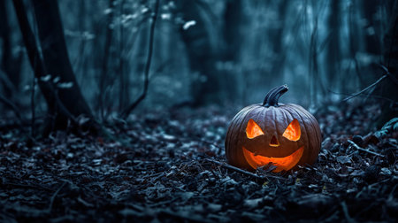 Halloween pumpkin in the forest. Spooky Halloween concept. Selective focusの素材