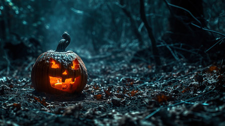Halloween pumpkin in the dark forest. Spooky Halloween concept.の素材