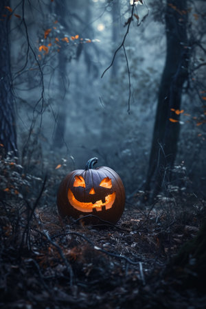 Halloween pumpkin in the forest. Spooky halloween conceptの素材