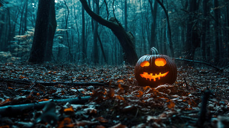 Halloween pumpkin in the forest. Scary Halloween pumpkin in the forest.の素材