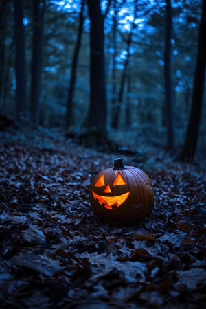 Halloween pumpkin head jack lantern in dark forest at night. Selective focusの素材