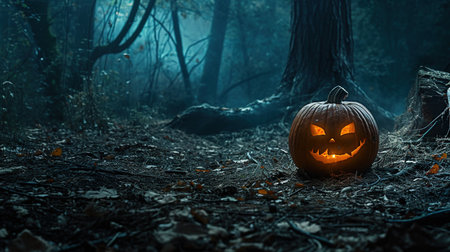 Halloween pumpkin in the forest. Scary halloween conceptの素材