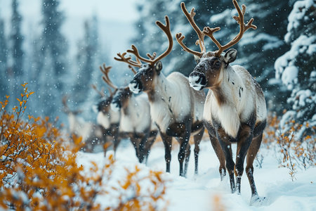 Reindeer herd in winter forest. Wildlife scene from Northern Finland.の素材