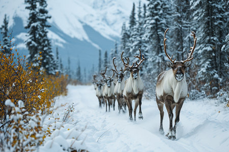 A herd of reindeers in the snow in the mountains.の素材