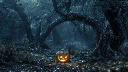Halloween pumpkin in the dark forest, 3d render illustration.の素材