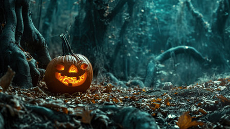Halloween pumpkin in the forest. Spooky halloween backgroundの素材