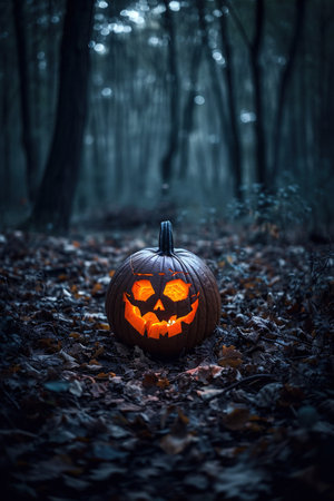 Halloween pumpkin in the forest. Spooky halloween conceptの素材