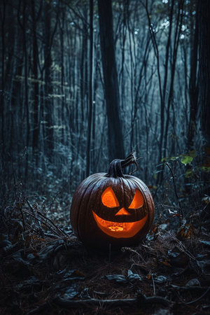 Halloween pumpkin in the forest. Spooky halloween conceptの素材