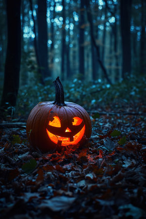 Halloween pumpkin in the forest. Scary halloween backgroundの素材