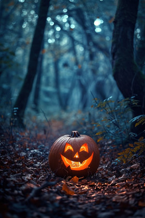 Halloween pumpkin with scary face in the forest. Halloween concept.の素材